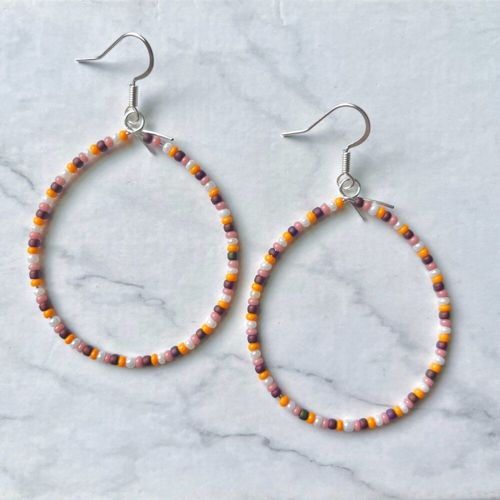 Pink Brown and Pearl Striped Hand Beaded Tear Drop Earrings